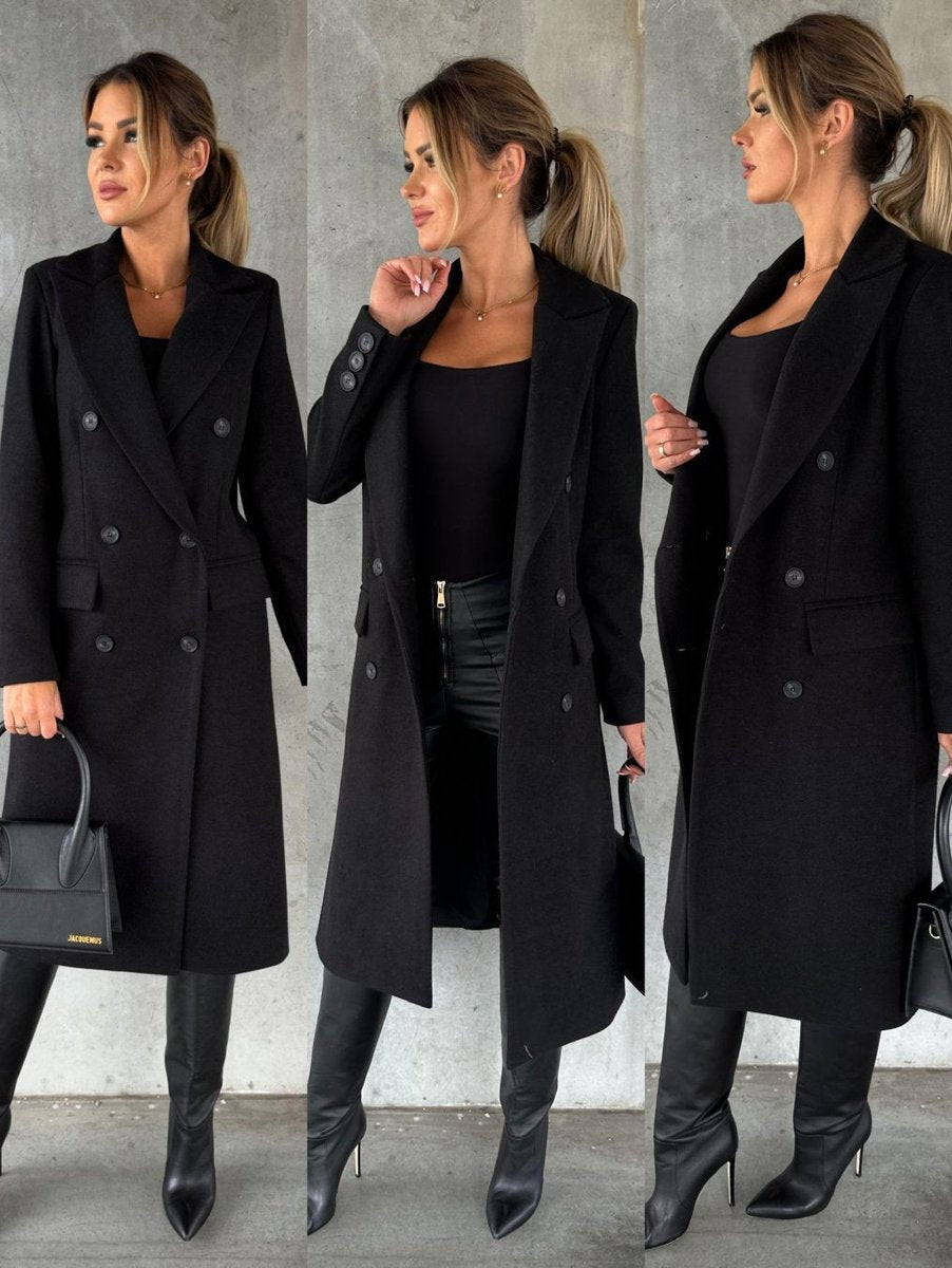 Women's Double-Breasted Longline Coat with Gold Buttons - 12