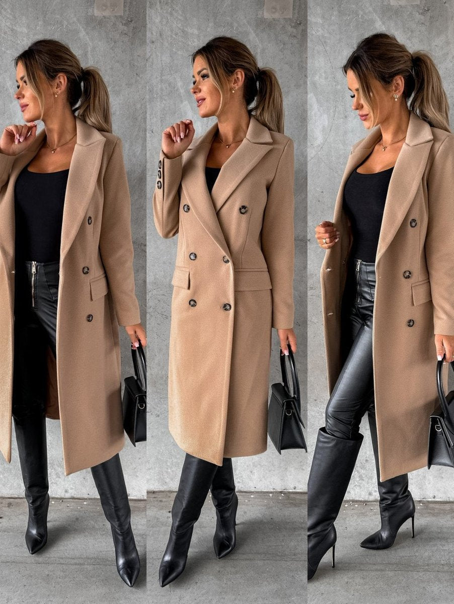 Women's Double-Breasted Longline Coat with Gold Buttons - 13
