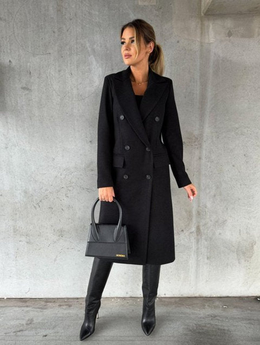 Women's Double-Breasted Longline Coat with Gold Buttons - Black