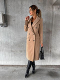 Women's Double-Breasted Longline Coat with Gold Buttons - Khaki