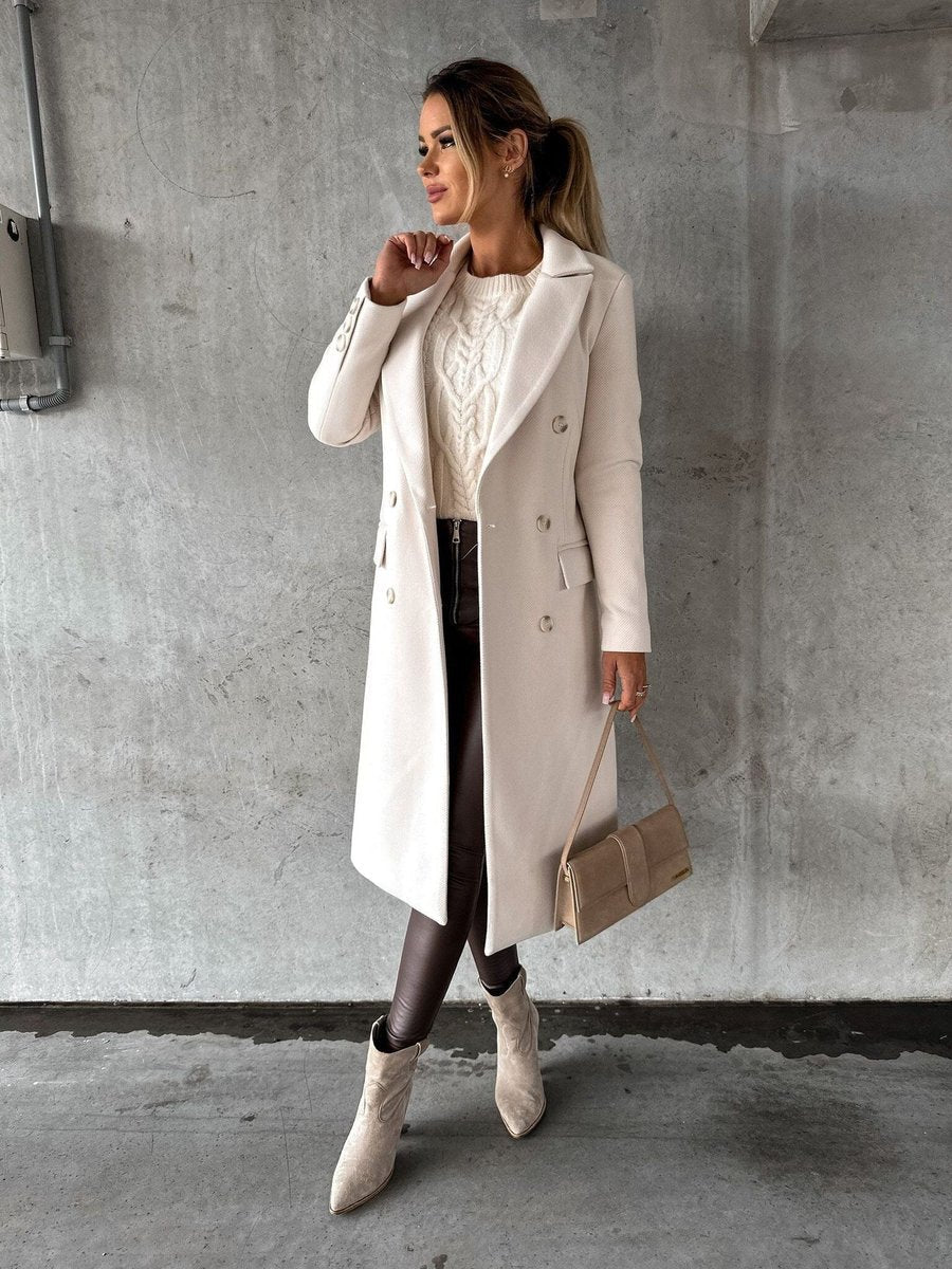 Women's Double-Breasted Longline Coat with Gold Buttons - Beige