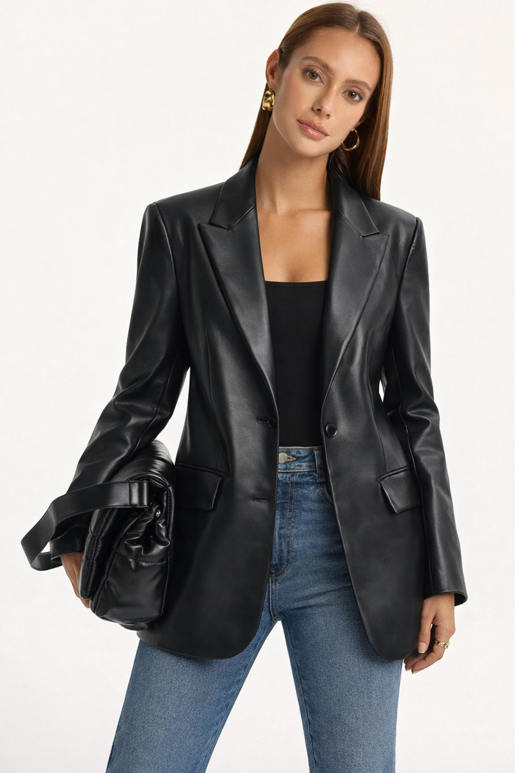 Women's Faux Leather Blazer Single Breasted with Structured Cut
