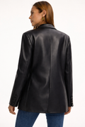 Women's Faux Leather Blazer Single Breasted with Structured Cut - Black