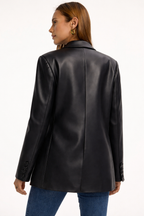 Women's Faux Leather Blazer Single Breasted with Structured Cut - Black