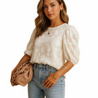 Women's Floral Blouse with Puff Sleeves and Round Neck - 2
