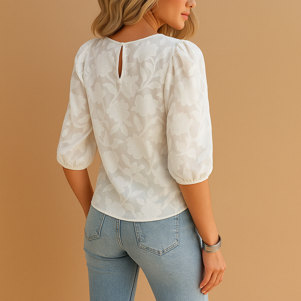 Women's Floral Blouse with Puff Sleeves and Round Neck - 4