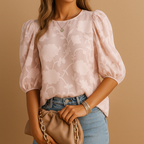 Women's Floral Blouse with Puff Sleeves and Round Neck - Pink