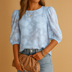 Women's Floral Blouse with Puff Sleeves and Round Neck - Blue