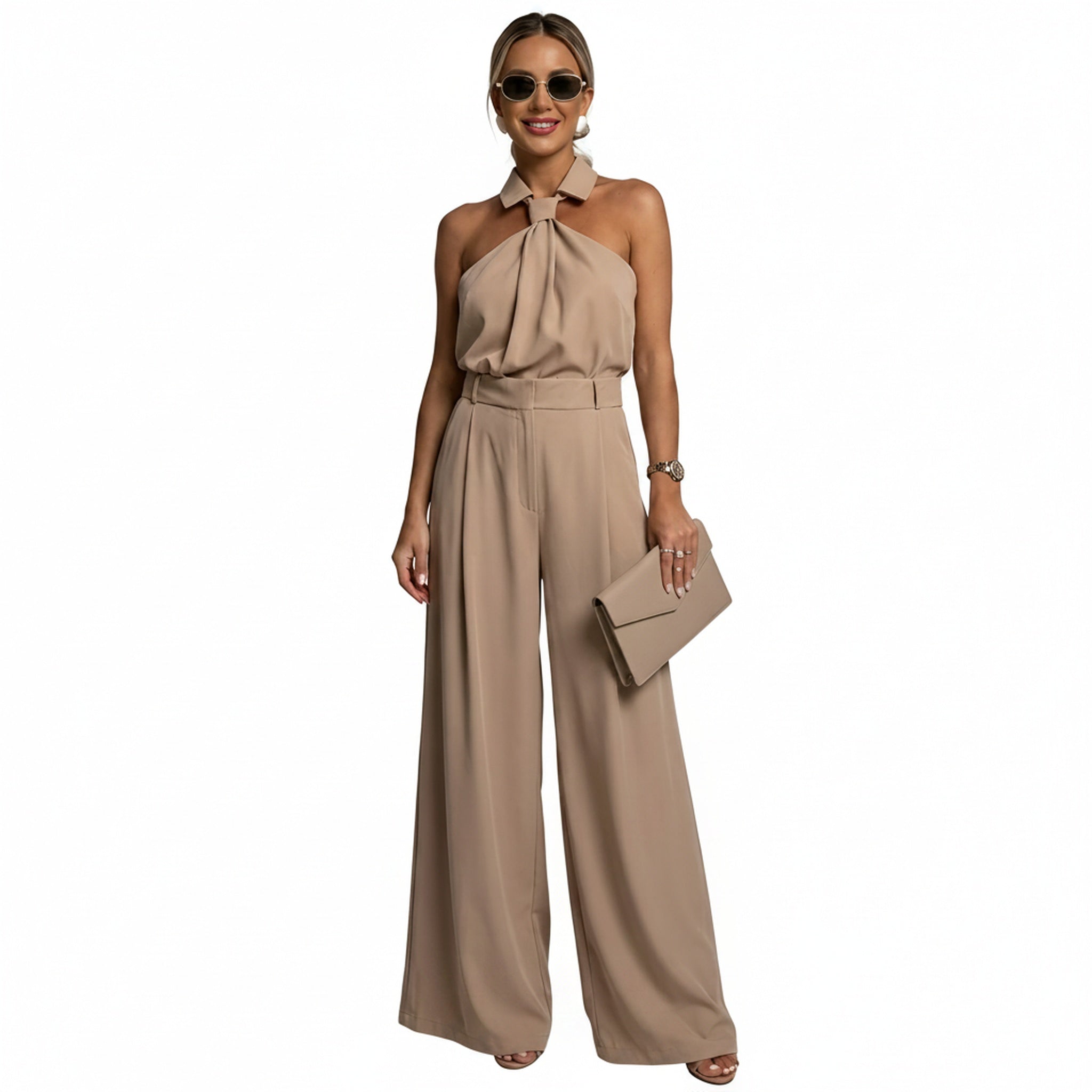 Women's Halterneck Jumpsuit with Wide-Leg Trousers - 2