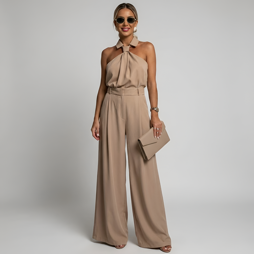 Women's Halterneck Jumpsuit with Wide-Leg Trousers - Khaki