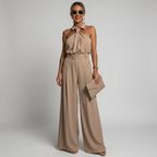 Women's Halterneck Jumpsuit with Wide-Leg Trousers - Khaki
