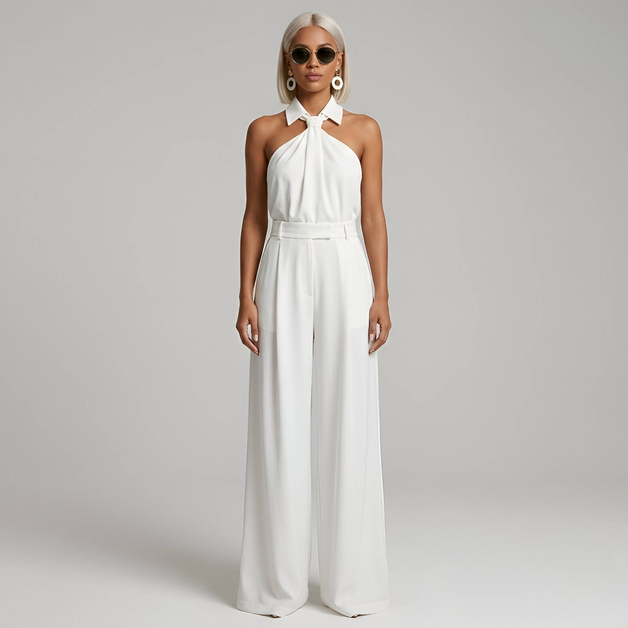 Women's Halterneck Jumpsuit with Wide-Leg Trousers - White