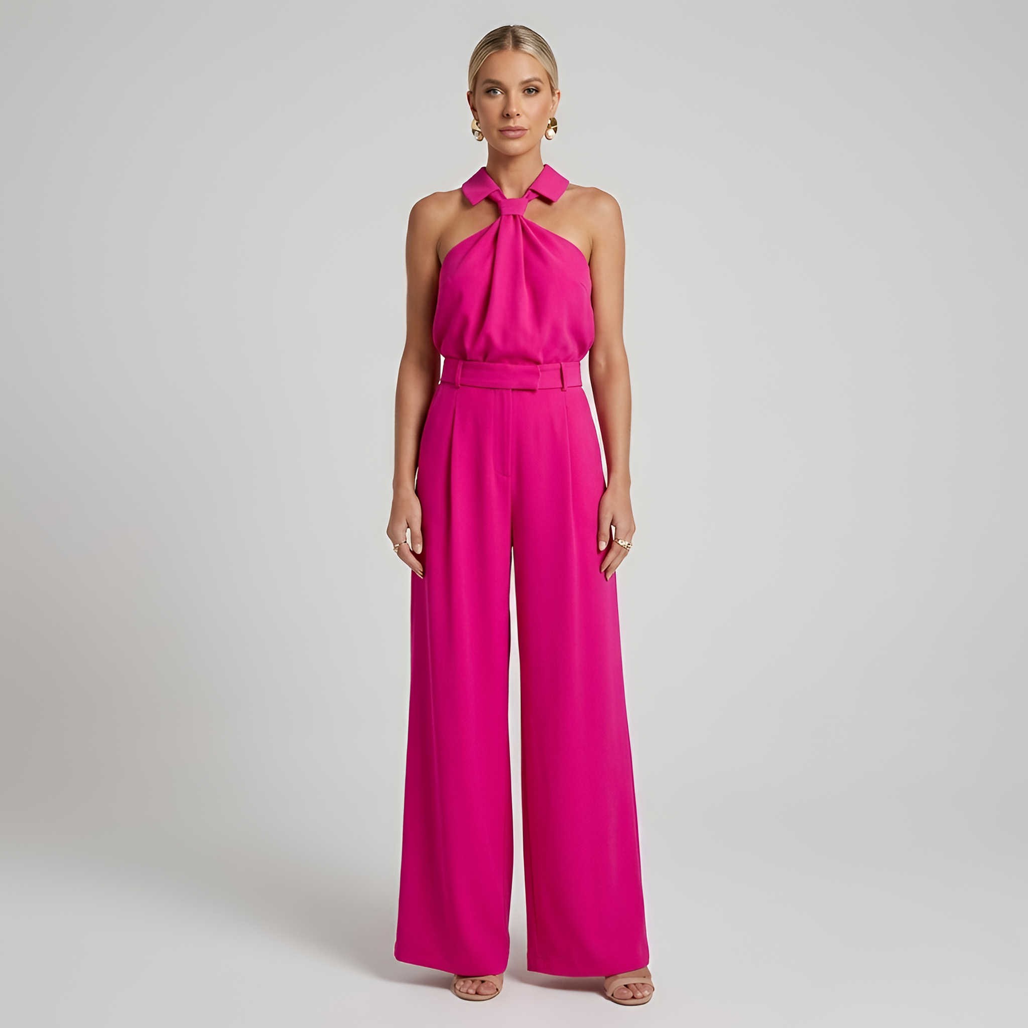 Women's Halterneck Jumpsuit with Wide-Leg Trousers - Pink