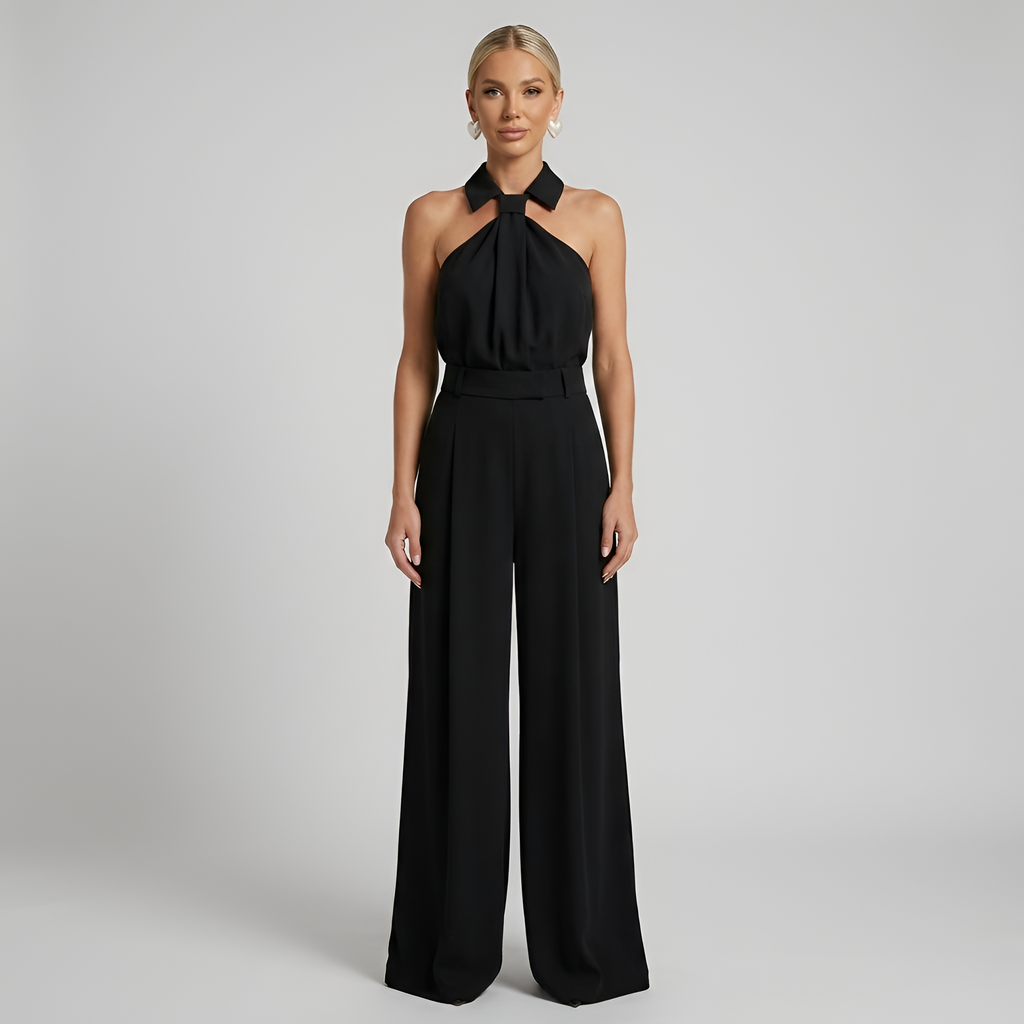 Women's Halterneck Jumpsuit with Wide-Leg Trousers - Black