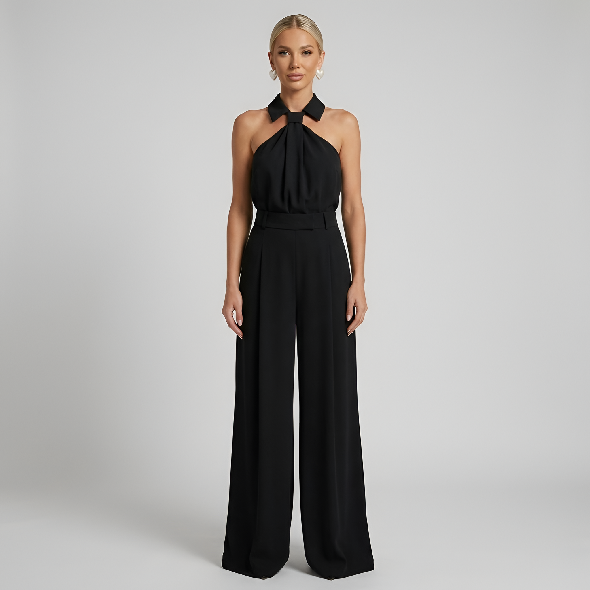Women's Halterneck Jumpsuit with Wide-Leg Trousers - Black