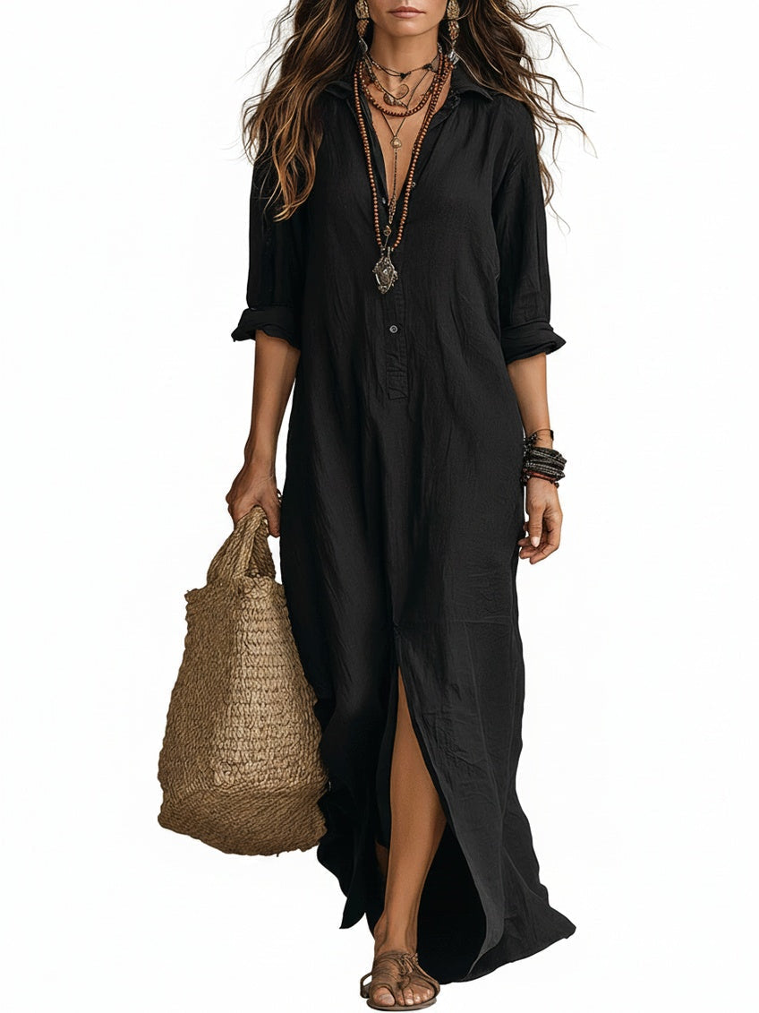 Women's Maxi Dress Long Sleeve with Shirt Collar and Side Split - 2
