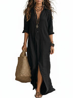 Women's Maxi Dress Long Sleeve with Shirt Collar and Side Split - 2