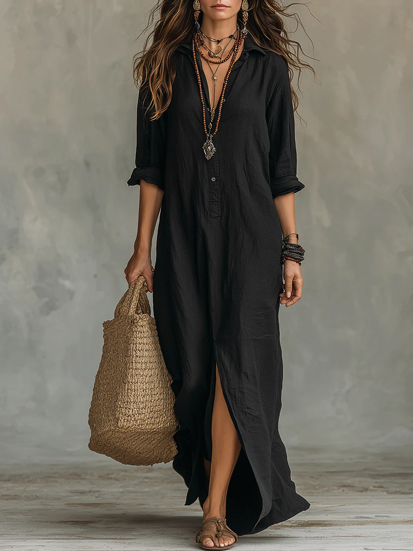 Women's Maxi Dress Long Sleeve with Shirt Collar and Side Split - Black