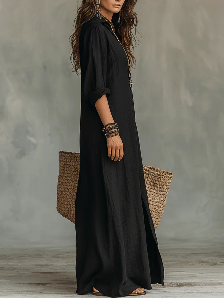Women's Maxi Dress Long Sleeve with Shirt Collar and Side Split - 4