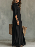 Women's Maxi Dress Long Sleeve with Shirt Collar and Side Split - 4