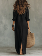 Women's Maxi Dress Long Sleeve with Shirt Collar and Side Split - 5