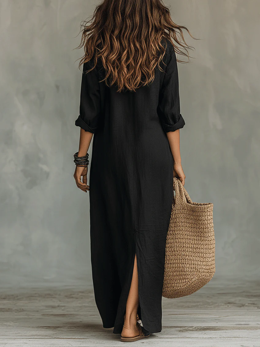 Women's Maxi Dress Long Sleeve with Shirt Collar and Side Split - 5