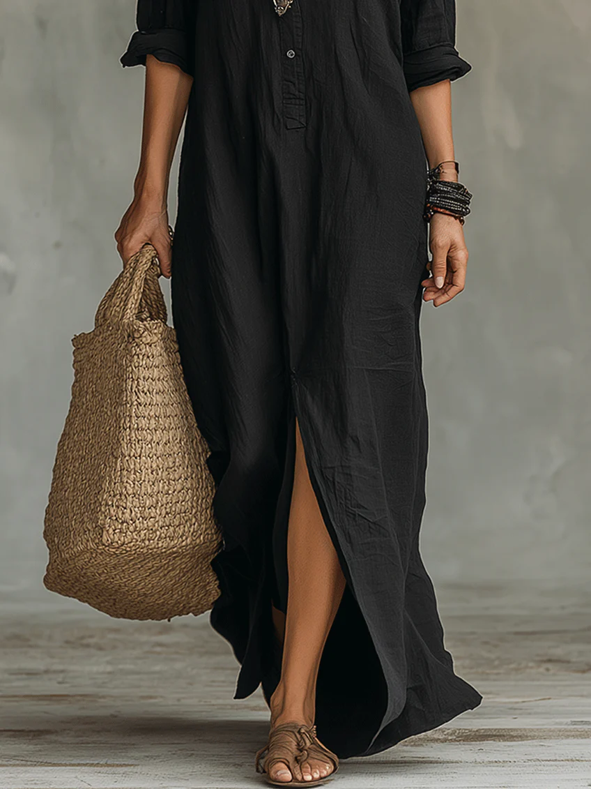 Women's Maxi Dress Long Sleeve with Shirt Collar and Side Split - 7