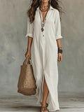 Women's Maxi Dress Long Sleeve with Shirt Collar and Side Split - White