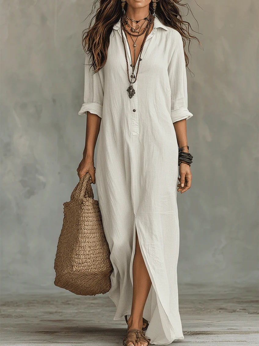 Women's Maxi Dress Long Sleeve with Shirt Collar and Side Split - White