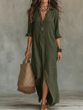 Women's Maxi Dress Long Sleeve with Shirt Collar and Side Split - Green