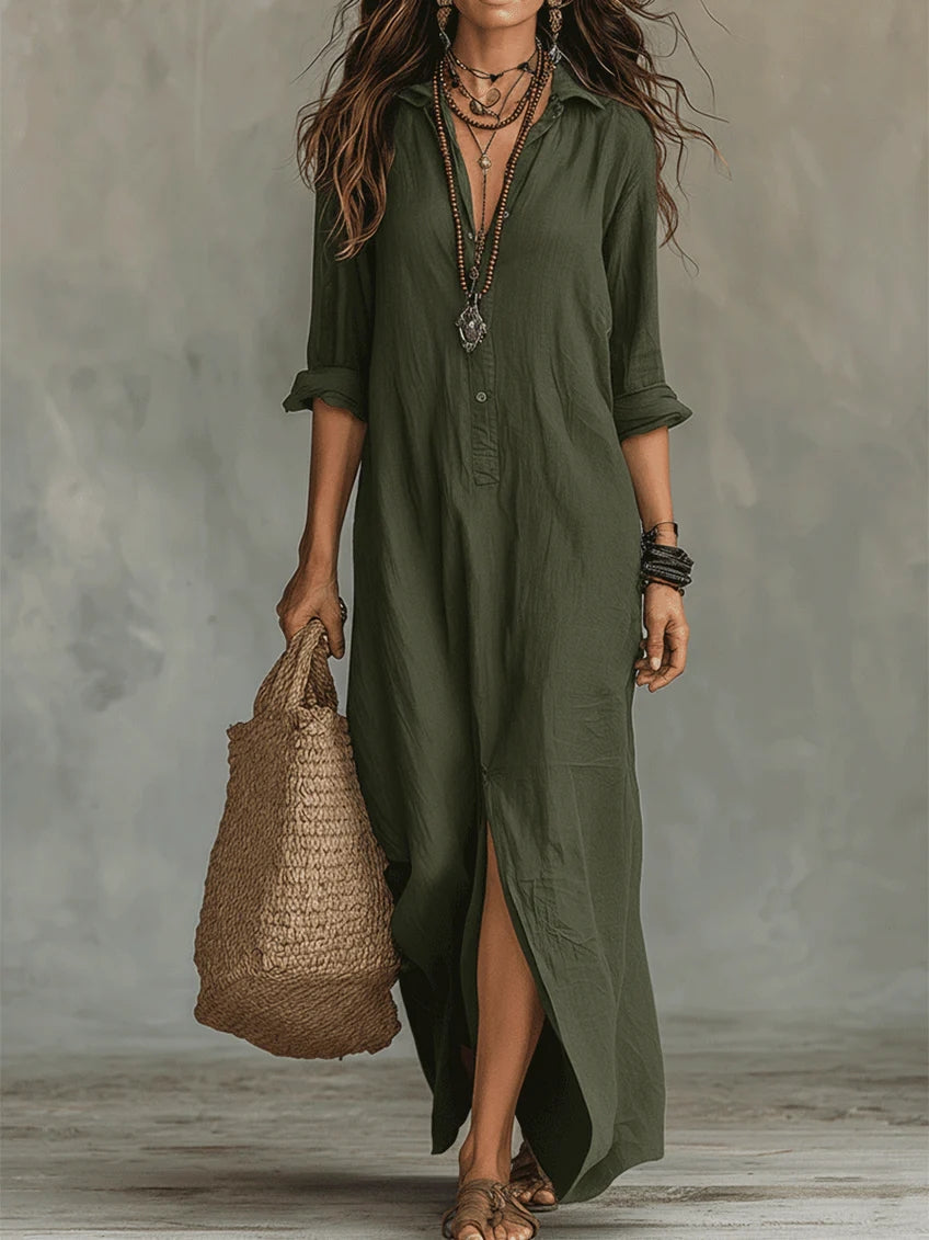 Women's Maxi Dress Long Sleeve with Shirt Collar and Side Split - Green