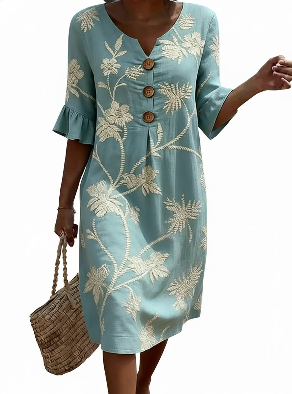 Women's Floral Midi Dress with V-Neck and Button-Down Front - 2