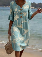Women's Floral Midi Dress with V-Neck and Button-Down Front - Blue