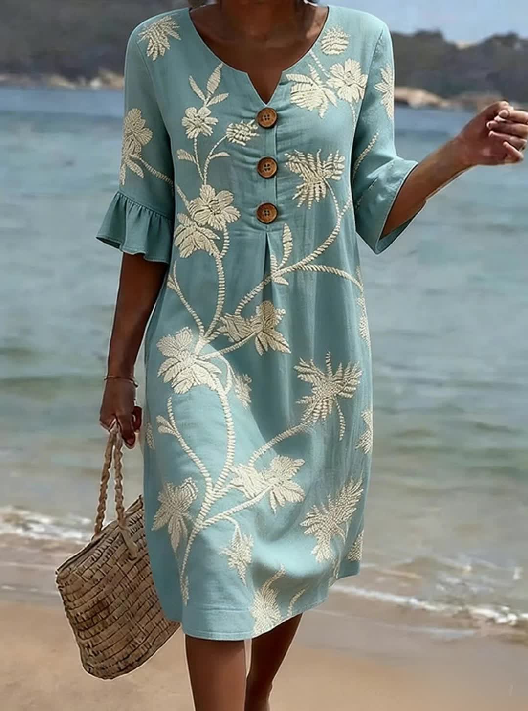 Women's Floral Midi Dress with V-Neck and Button-Down Front - Blue