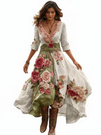 Women's Floral Midi Dress with V-Neck and Asymmetric Hem - 2