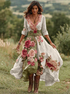 Women's Floral Midi Dress with V-Neck and Asymmetric Hem - White