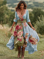 Women's Floral Midi Dress with V-Neck and Asymmetric Hem - Blue