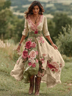 Women's Floral Midi Dress with V-Neck and Asymmetric Hem - Khaki