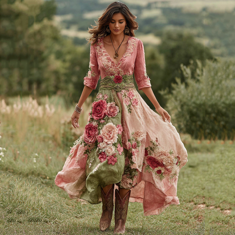 Women's Floral Midi Dress with V-Neck and Asymmetric Hem - Pink