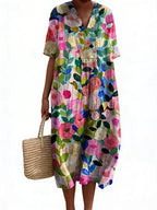 Women's Floral Midi Dress with V-Neck and Short Sleeves - 2