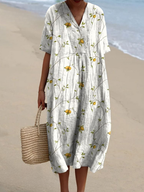 Women's Floral Midi Dress with V-Neck and Short Sleeves - 10