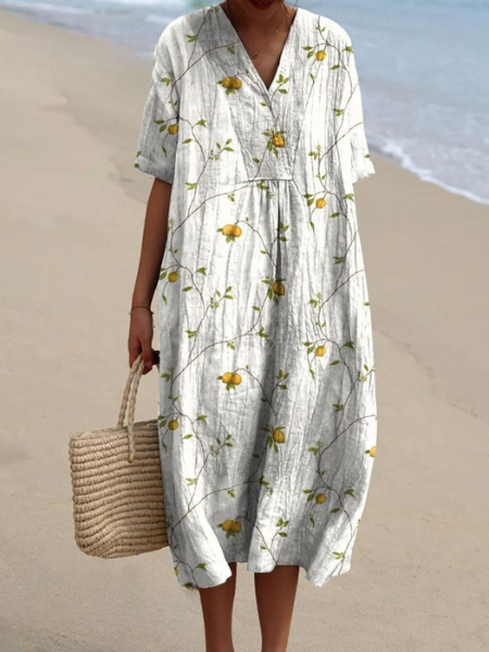 Women's Floral Midi Dress with V-Neck and Short Sleeves - 10
