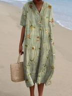 Women's Floral Midi Dress with V-Neck and Short Sleeves - 13