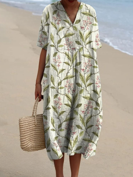 Women's Floral Midi Dress with V-Neck and Short Sleeves - 14