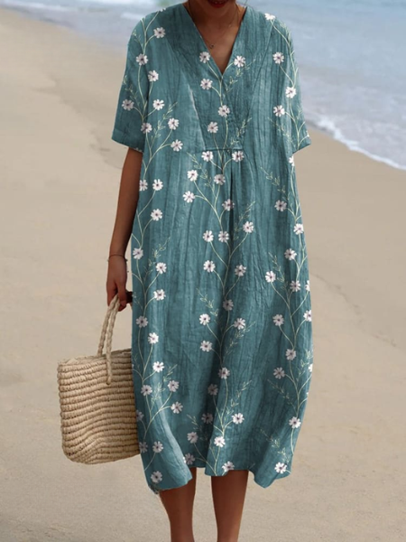 Women's Floral Midi Dress with V-Neck and Short Sleeves - 16