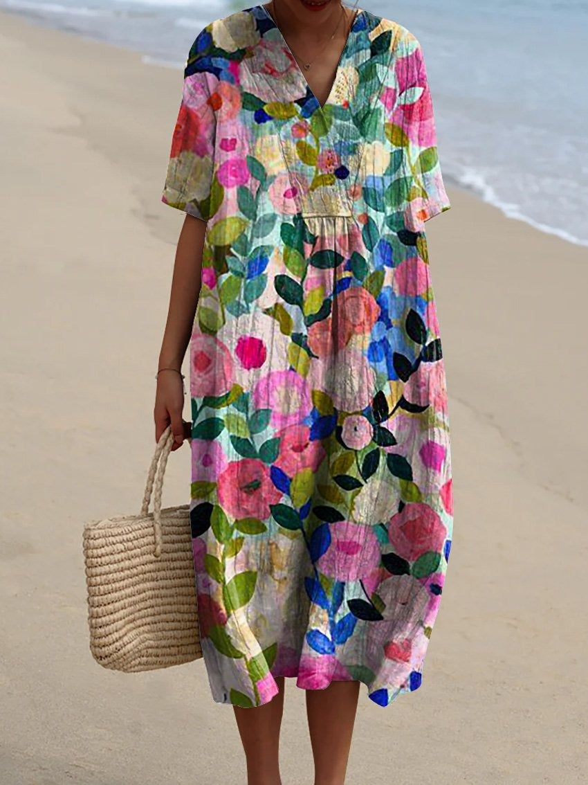 Women's Floral Midi Dress with V-Neck and Short Sleeves - Multicolored Floral Print