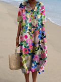 Women's Floral Midi Dress with V-Neck and Short Sleeves - Multicolored Floral Print