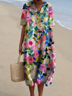 Women's Floral Midi Dress with V-Neck and Short Sleeves - Multicolored Floral Print