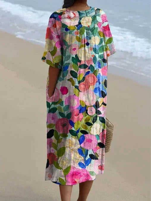 Women's Floral Midi Dress with V-Neck and Short Sleeves - 4