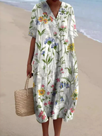 Women's Floral Midi Dress with V-Neck and Short Sleeves - White Wildflowers